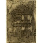 KOPYSTYŃSKI, STANISŁAW (1893-1969). Vor der Synagoge, um 1934; tonige Aquatinta, guter Zustand, Rahmen und Glas; Format 107x154 mm....