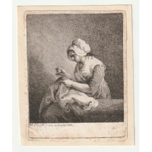 PŁOŃSKI, MICHAŁ (1778-1812). Sewing Woman; Amsterdam 1802; lower on panel, author's signature and date; aquf. cz.-b....