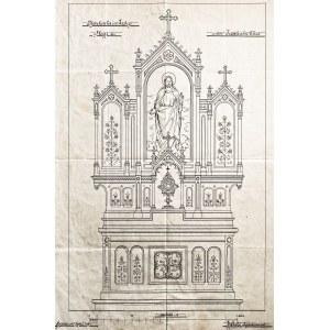 ZABRZE. Szkic ołtarza głównego kościoła parafialnego; rys. J. Kuhl, Wrocław 1894; piórko na papierze kalkowym, st. db....