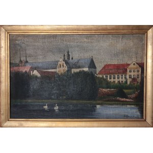 OLIWA. Widok klasztoru; E. Krautz (?), 1925; sygn. w dole na płótnie; obraz na płótnie, opraw. w ramę; st. bdb....
