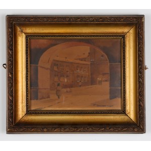 WARSAW. Warsaw street; painted by T. Radwan, 1933; author's signature and date at bottom; watercolor, decorative frame and glass, st...