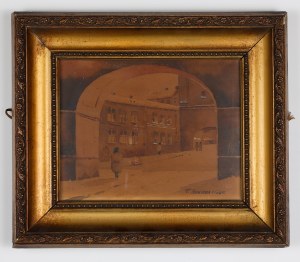 WARSAW. Warsaw street; painted by T. Radwan, 1933; author's signature and date at bottom; watercolor, decorative frame and glass, st...