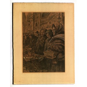KRAKOV. Na tržišti; kreslil W. Mahler, 1940; dole podpis autora a popis KRAKAU 1940; tužka, uhel, akvarel, sv. bdb.....