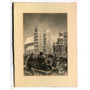 KRAKOV. Tržní náměstí s kostelem Panny Marie; nakreslil W. Mahler, 1939; dole podpis autora a datum 1939; tužka, uhel a akvarel.....
