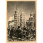 KRAKOW. Marktplatz mit Marienkirche; gezeichnet von W. Mahler, 1939; unten Signatur des Autors und Datum 1939; Bleistift, Kohle und Aquarell....
