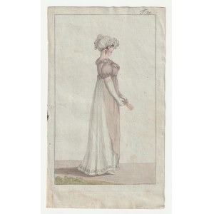 MODA. Súbor štyroch grafík zobrazujúcich ženské kostýmy z konca 18. a začiatku 19. storočia; anonym, okolo roku 1800; oceľ. farba....