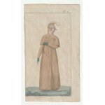 MODA. Ein Satz von vier Drucken mit Darstellungen von Frauenkostümen aus dem späten 18. und frühen 19. Jahrhundert; anonym, um 1800; Stahl. Farbe....