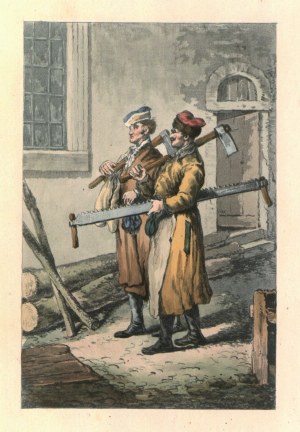 POLSKA, J.P. NORBLIN. Chłopi do rżnięcia drzewa; rys. J.P. Norblin (właśc. Jean-Pierre Norblin de La Gourdaine), ryt. P...