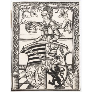 KRAKÓW, BARBARA JAGIELLONKA (1478-1534). Półpostać trzymająca tarczę herbową, Lipsk, ok. 1525; drzew. cz.-b....