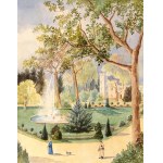SCODRE. Pohled na Sybilin palác s parkem; akvarel, dobrý stav; rozměry 198x253 mm; popis ...