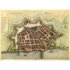 TORUŃ. Pohled na město z ptačí perspektivy od řeky Visly; vydal J. Janssonius, plán včetně ...