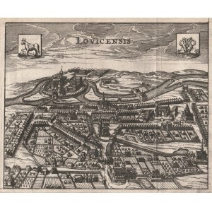 ŁOWICZ. Ansicht der Stadt aus der Vogelperspektive; entnommen aus: A. Cellarius, Regni Poloniae Magnique ...