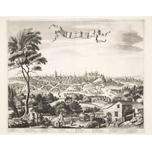 KRAKOW. Panorama der Stadt; herausgegeben von P. van der Aa, Leiden, um 1730; unter dem unteren Rahmen erläuternde Anmerkungen; ...