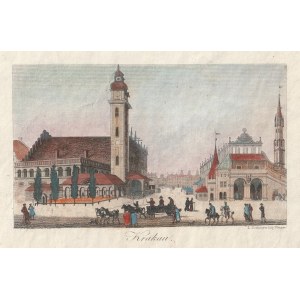 KRAKÓW. Rynek z Sukiennicami i ratuszem; ryt. L. Zechmayer, Wiedeń, ok. 1835; miedz. …