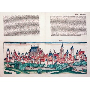 NYSA. Panorama miasta; pełna karta ze słynnego inkunabułu pt. Kronika świata (Liber …