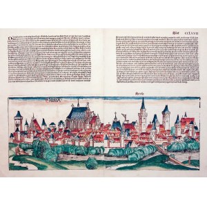 NYSA. Panorama der Stadt; eine ganze Seite aus der berühmten Inkunabel mit dem Titel Chronik der Welt (Liber ...