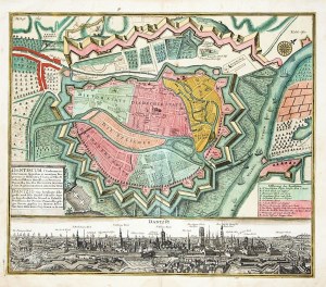 GDAŃSK. Plan miasta; wyd. M. Seutter, Augsburg, ok. 1735; jedno z bardziej efektownych …