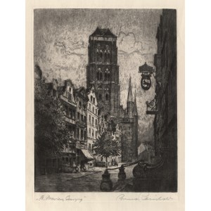 GDAŃSK. Piwna Street with St. Mary's Basilica; drawing and eng. B. Reinhold, interwar period; ...