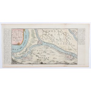 GDANSK. Zjednodušená panoráma mesta v podobe z roku 1657 s mapou Żuławy Gdańskie ...