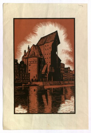 GDAŃSK. crane; signed in lower right corner: Böge, ca. 1910; color linocut, st. bdb., ...