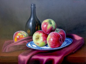 Wojciech Piekarski, Still life with apples and a bottle