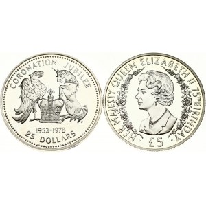 Barbados 25 Dollars 1978 & Alderney 5 Pounds 2001 Lot of 2 Coins