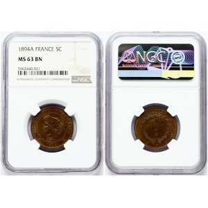 France 5 Centimes 1894 A NGC MS 63 BN ONLY 3 COINS IN HIGHER GRADE