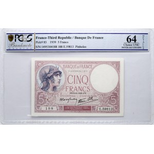 France 5 Francs 1939 Banknote PCGS 64 Choice UNC