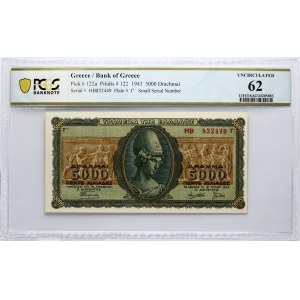Greece 5 000 Drachmai 1943 Athena Banknote PCGS 62 UNCIRCULATED