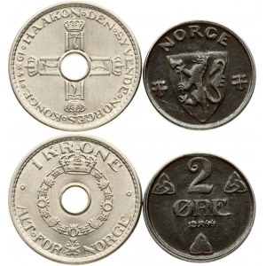 Norway 2 Ore 1944 & 1 Krone 1951 Lot of 2 Coins