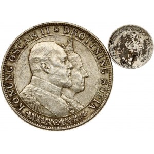Sweden 10 Öre 1858 ST & 2 Kronor 1907 Golden Wedding Lot of 2 Coins