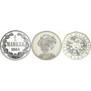 Austria 5 Euro 2004 & Netherlands 5 Euro 2006 & Finland Token 1 Markka (1864) Lot of 3 Coins