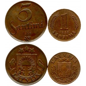 Latvia 5 Santimi 1922 & 1 Santims 1938 RARE TYPE Lot of 2 Coins