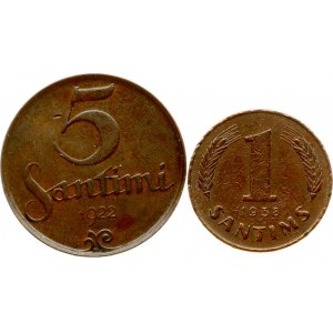 Latvia 5 Santimi 1922 & 1 Santims 1938 RARE TYPE Lot of 2 Coins