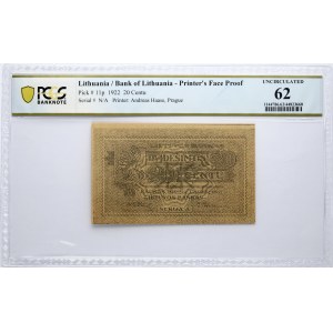Lithuania 20 Centu 1922 Banknote PCGS 62 UNCIRCULAPCGS 62 UNCIRCULATED