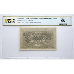 Lithuania 20 Centu 1922 Banknote PCGS 58 CHOICE AU