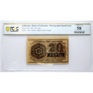 Lithuania 20 Centu 1922 Banknote PCGS 58 CHOICE AU