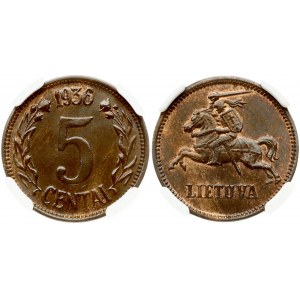 Lithuania 5 Centai 1936 NGC MS 64 BN