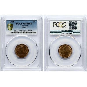 Lithuania 5 Centai 1936 PCGS MS 64 RB Only 3 COINS IN HIGHER GRADE