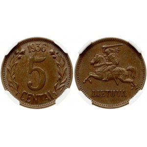Lithuania 5 Centai 1936 NGC AU 58 BN