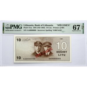 Lithuania 10 Litų 1991 (ND 1993) Banknote SPECIMEN PMG 67 Superb Gem Unc EPQ