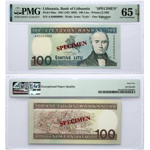 Lithuania 100 Litų 1991 (ND 1993) Banknote SPECIMEN PMG 65 Gem Uncirculated EPQ