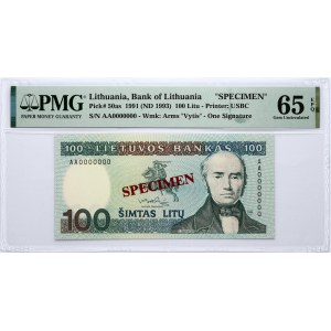 Lithuania 100 Litų 1991 (ND 1993) Banknote SPECIMEN PMG 65 Gem Uncirculated EPQ
