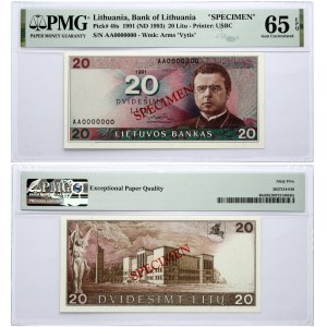 Lithuania 20 Litų 1991 (ND 1993) Banknote SPECIMEN PMG 65 Gem Uncirculated EPQ