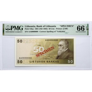 Lithuania 50 Litų 1991 (ND 1993) Banknote SPECIMEN PMG 66 Gem Uncirculated EPQ