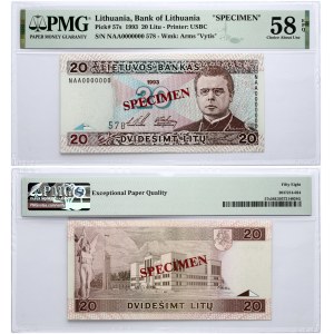 Lithuania 20 Litų 1993 Banknote SPECIMEN PMG 58 Choice About Unc EPQ