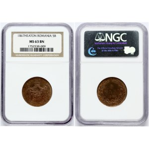 Romania 5 Bani 1867 HEATON NGC MS 63 BN ONLY 3 COINS IN HIGHER GRADE