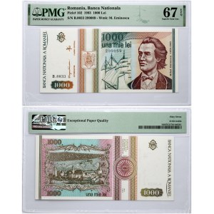 Romania 1000 Lei 1993 Mihai Eminescu Banknote PMG 67 Superb Gem Unc EPQ