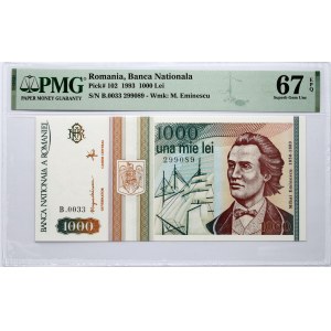Romania 1000 Lei 1993 Mihai Eminescu Banknote PMG 67 Superb Gem Unc EPQ