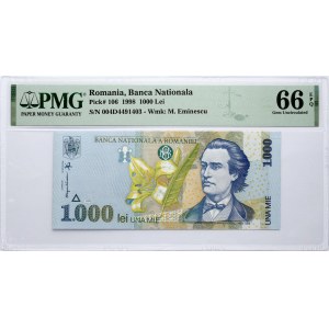 Romania 1000 Lei 1998 Mihai Eminescu Banknote PMG 66 Gem Uncirculated EPQ